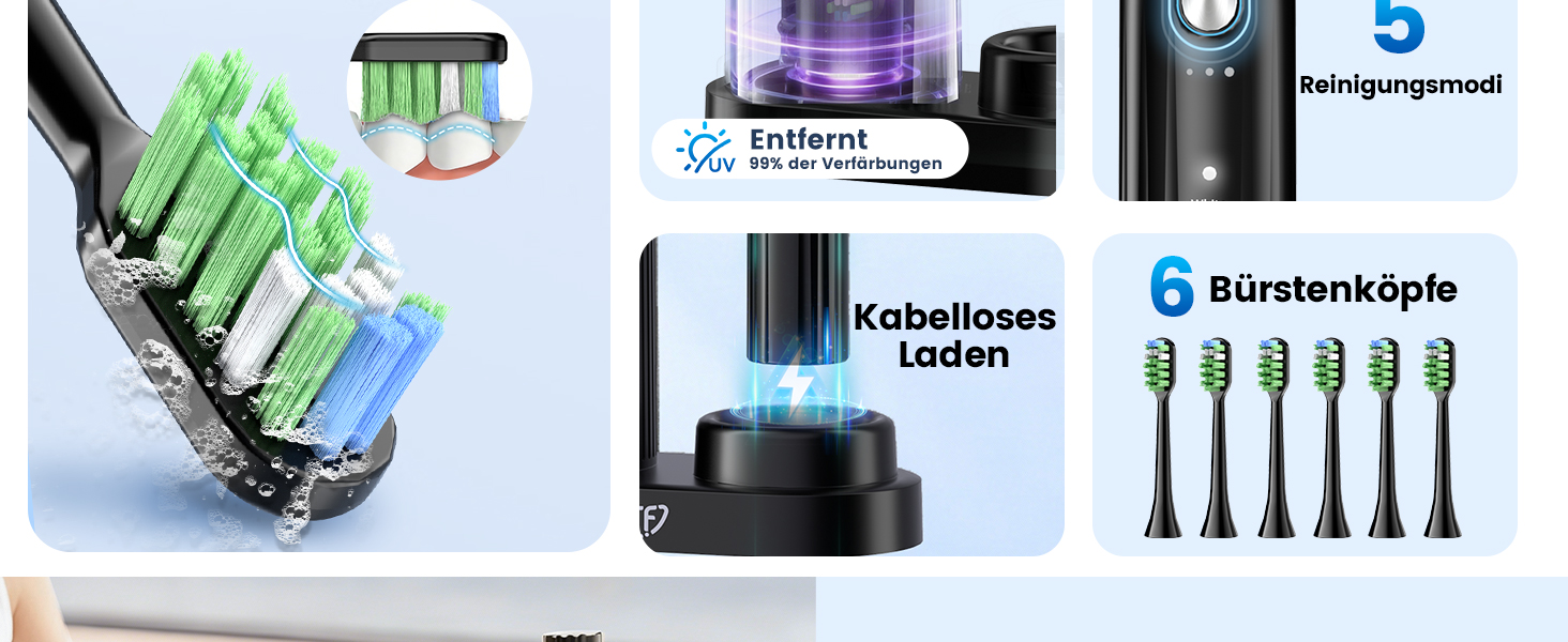 Електрична звукова зубна щітка JTF з УФ-дезінфекцією та сушінням, бездротова зарядка, 5 режимів чищення, 6 насадок, стаканчик для полоскання, акумуляторна для дому та подорожей (Чорна)
