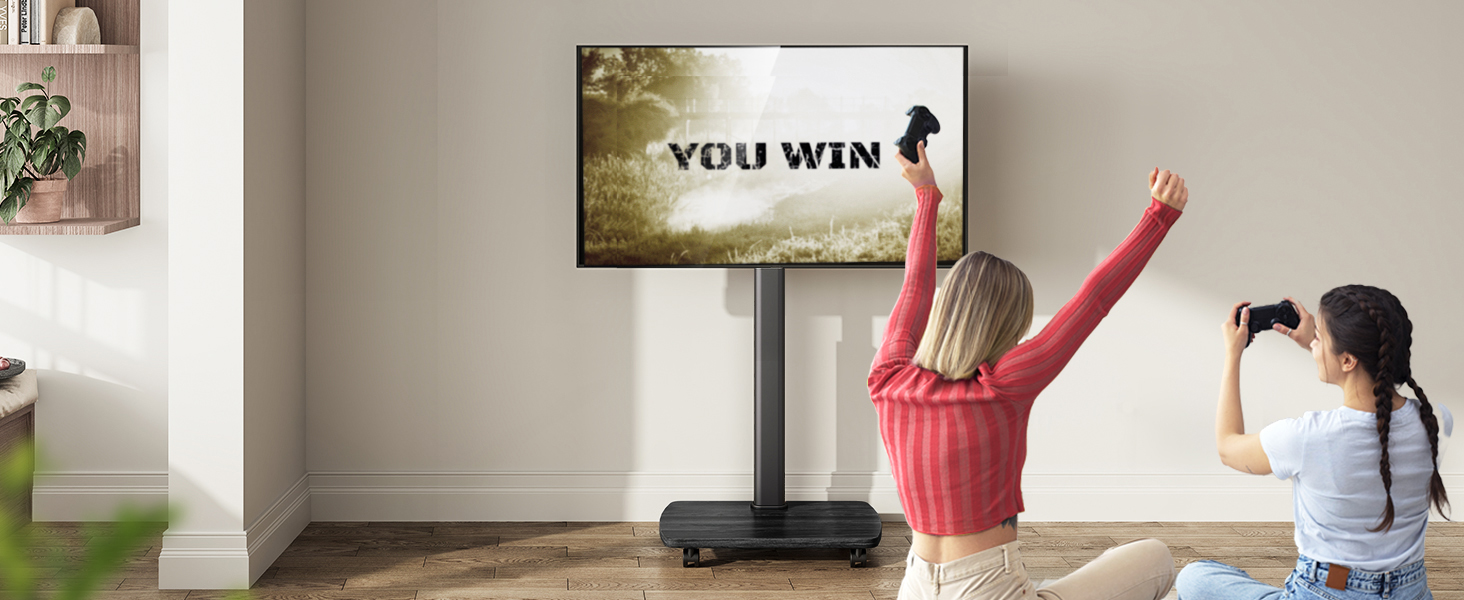 AOKCOS Rolling TV Stand with Shelf - Adjustable Height & Swivel - Fits 43-75 inch TVs (up to 50kg) - VESA 600x400mm - White & Natural Wood Finish