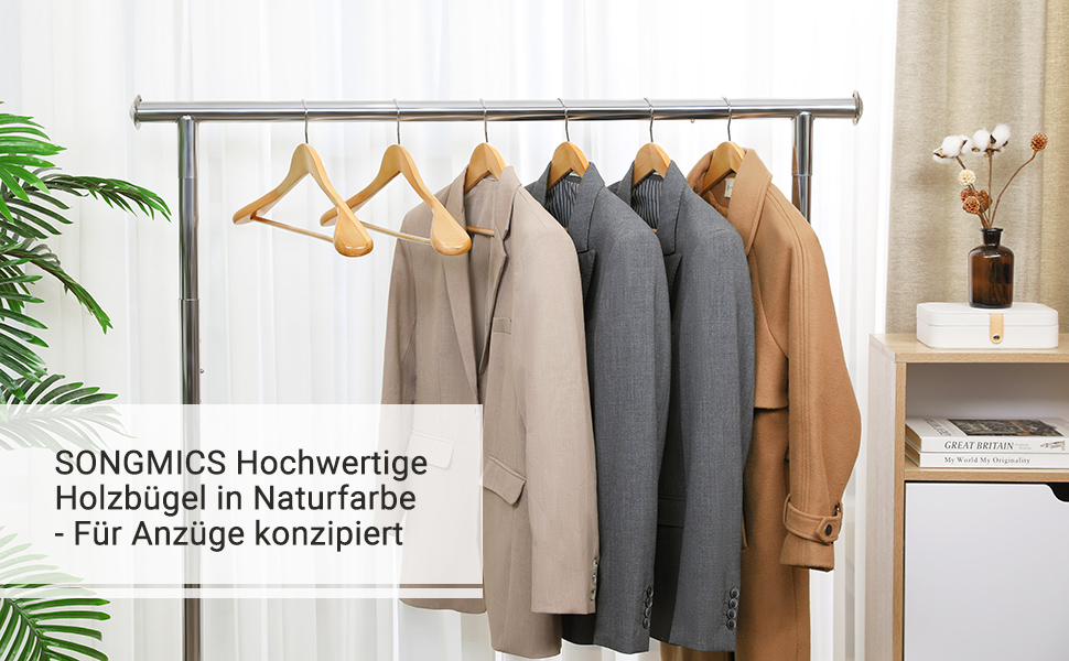 Набір вішалок для одягу SONGMICS, 6 шт., з масиву дерева, широкі плечі, антиковзні, для сорочок, пальто, курток, штанів, костюмів, поворотний гачок 360°, колір: дерево