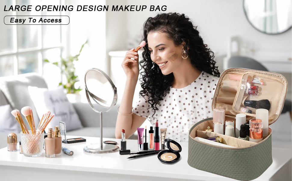 Жіноча косметичка для подорожей, водонепроникна, з відділенням для пензлів, з PU шкіри, велика, зелена (матічас)