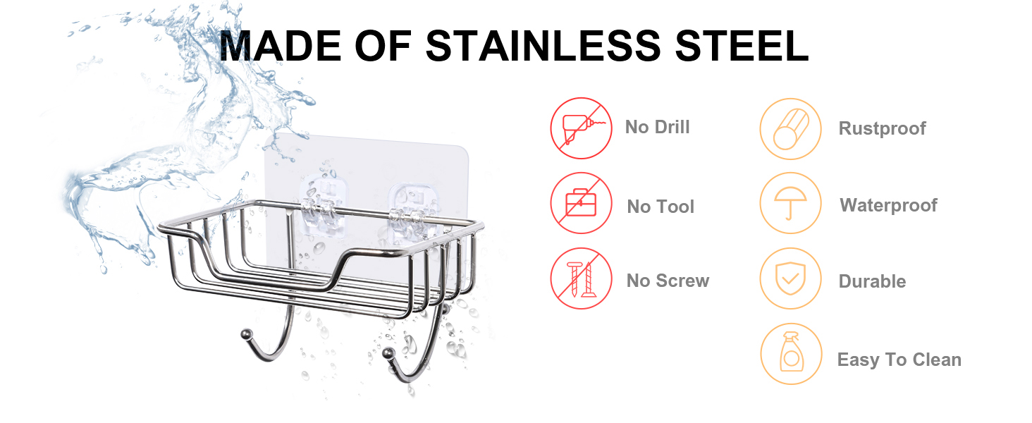 Тримач для мила без свердління Uten, нержавіюча сталь, самоклеючий, з 2 гачками, для мила та губки, для душу, ванної кімнати, кухні, сріблястий
