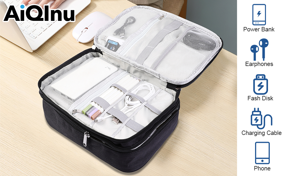 Органайзер для кабелів AiQInu: універсальна дорожня сумка-кубик для кабелів, 3 шари, водонепроникний, регульований, для зарядних пристроїв, Powerbank, USB-накопичувачів, SD-карт (чорний)