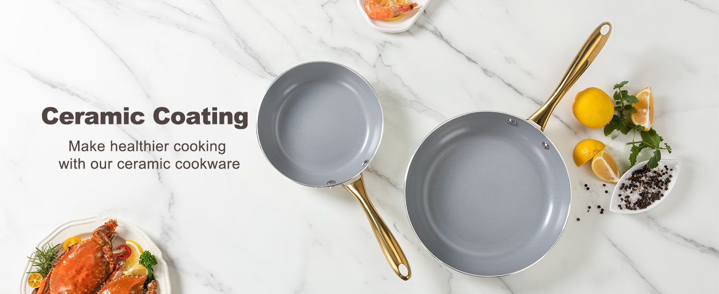 Набір посуду Keramik KochSet керамічний антипригарний (індукція, духовка, посудомийка) бежево-білий з золотом