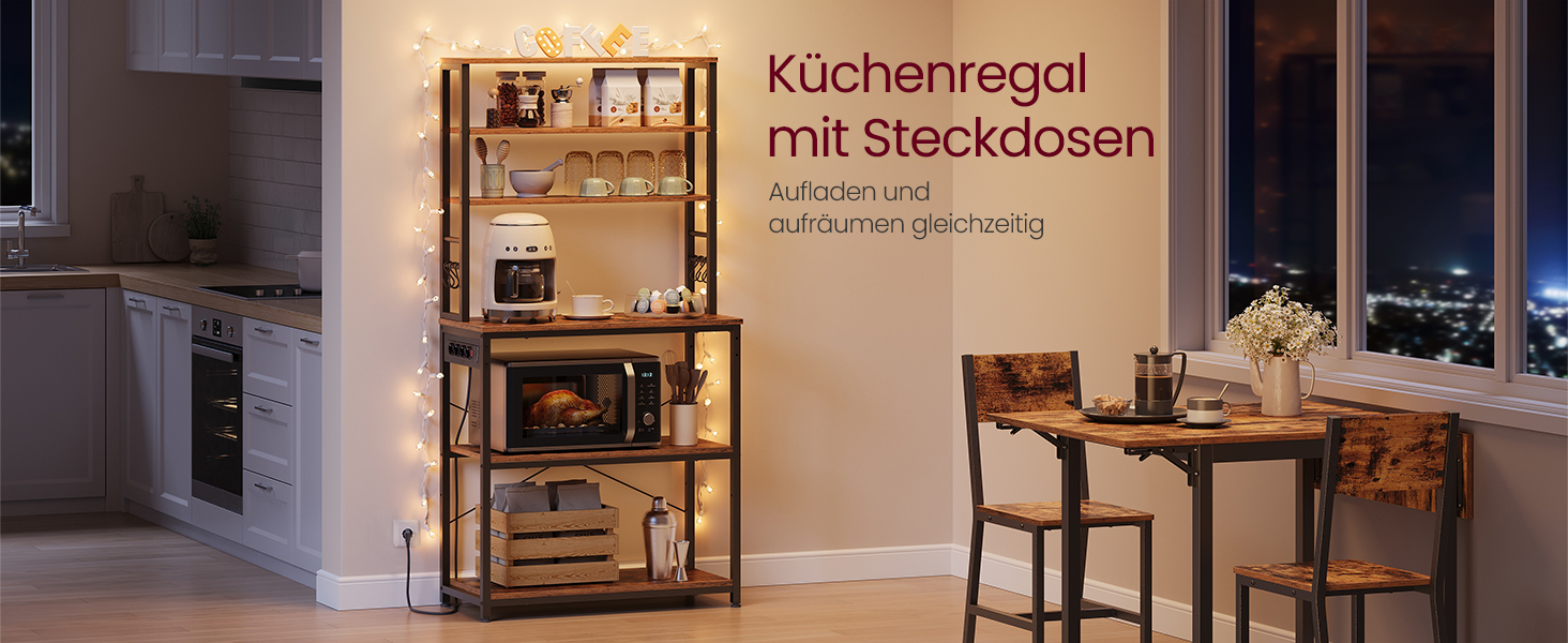 Стелаж кухонний VASAGLE з розетками, 6 полиць, гачки, сталевий каркас, 40x60x167 см, колір горіх + білий