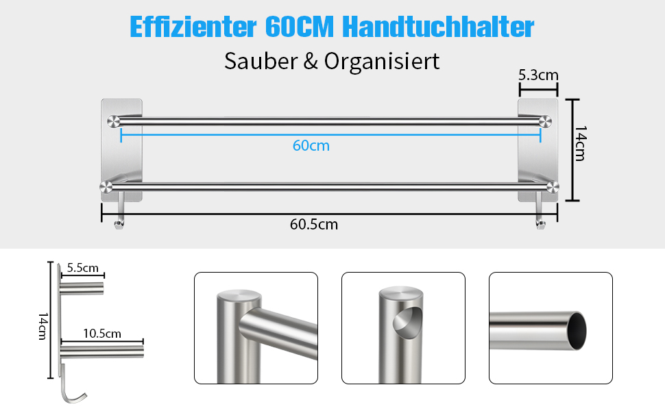 Тримач для рушників без свердління, 60 см, самоклеючий, з гачками, нержавіюча сталь, вологостійкий, для ванної кімнати та кухні, срібляний