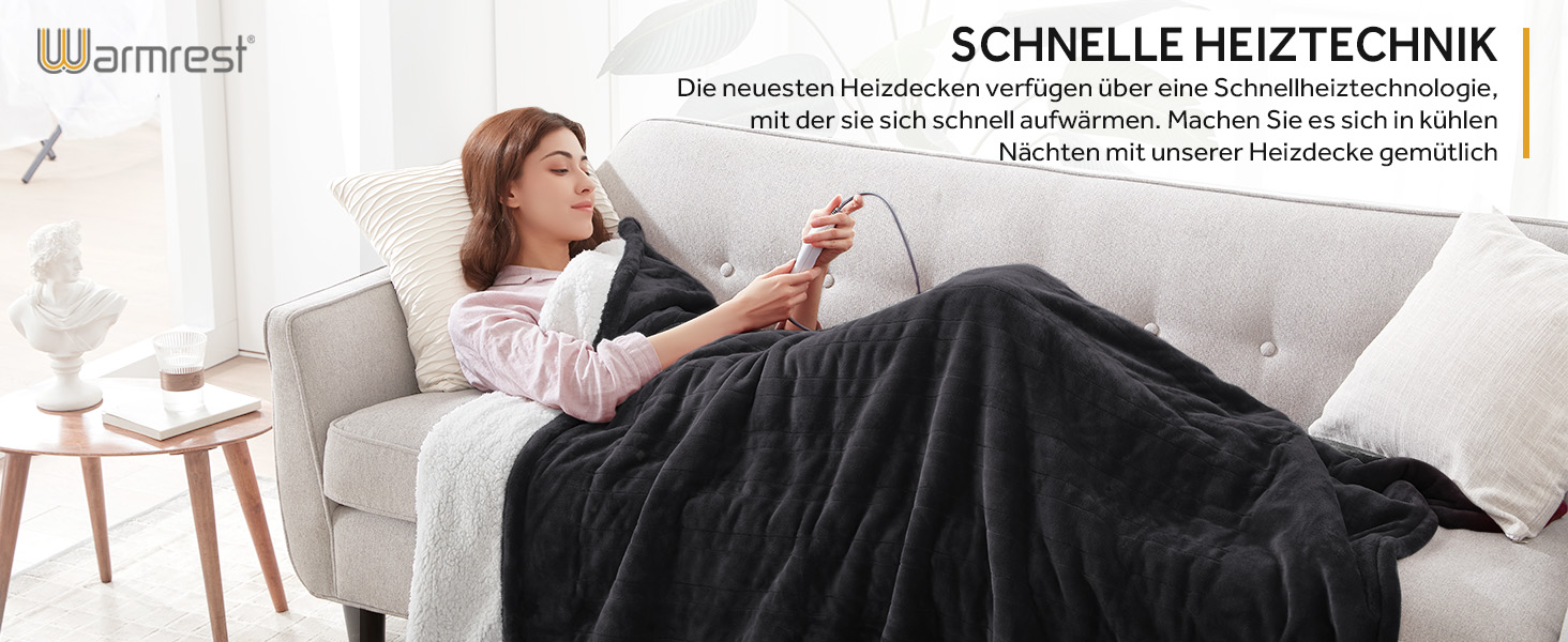 Електрична ковдра Warmrest 130x180 см, сіра, фланель-шерпа, 6 температурних режимів, таймер, захист від перегріву, пральна машина