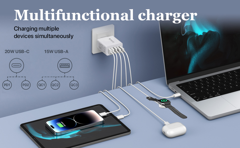 Зарядний пристрій USB-C 50W, 5 портів: 2 USB-C + 3 USB-A, Fast Charge PD 3.0, сумісний з iPhone, Samsung, планшетами - Білий