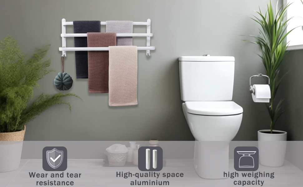 Тримач для рушників на стіну без свердління, 70 см, з гачками, 3 яруси, для ванної кімнати, кухні, туалету