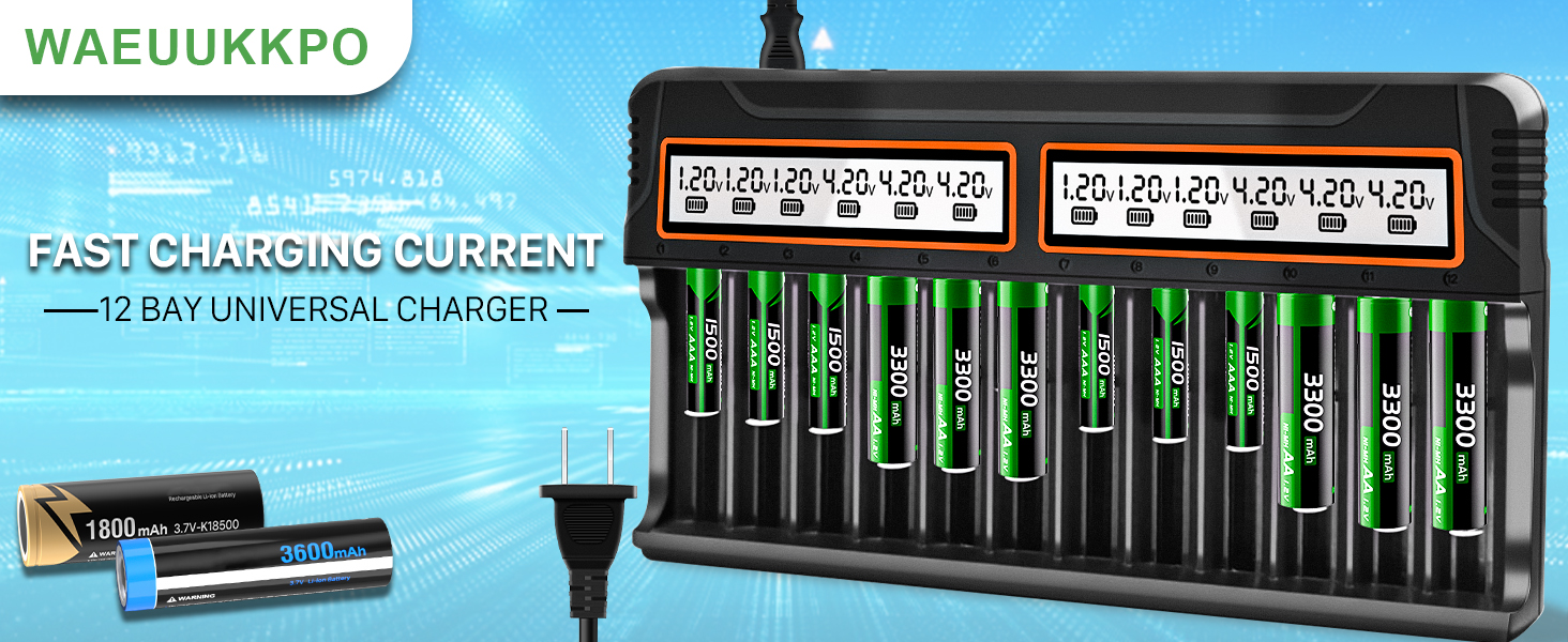 Зарядний пристрій для акумуляторів 18650, 12 слотів, LCD дисплей, універсальний, швидка зарядка, сумісний з 26650, 16340, 14500, 18350, 18500, AA, AAA (тільки зарядний пристрій)