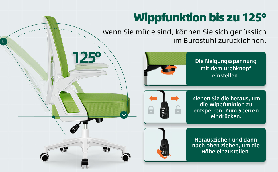 Ергономічне крісло для офісу, офісне крісло з підйомними підлокітниками, регульована поперекова підтримка, регульоване крісло для начальника, поворотне крісло, сітчасте крісло з функцією гойдання до 125° (Зелений, без підголівника)