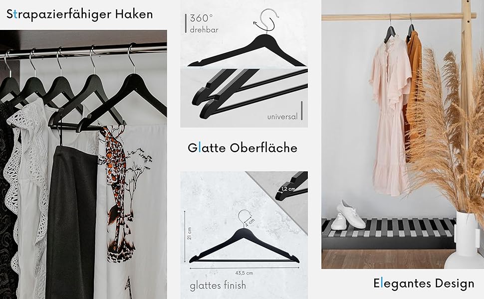 Плечики для одягу OGIVO з дерева, набір 10 шт. – обертовий гачок 360°, витончені вирізи на плечах, натуральне дерево (бук, береза, сосна, верба)