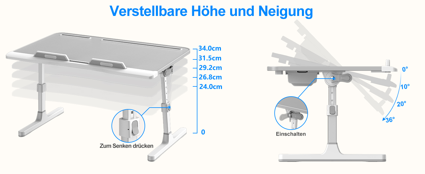 Столик для ноутбука Potuopy з регулюванням висоти та кута нахилу, великий (60*40 см), сірий