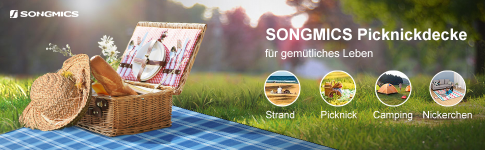 Килимок для пікніка SONGMICS 195 x 150 см, великий, для кемпінгу, парку, саду, пляжу, водонепроникний, пральний, складаний, червоно-зелено-помаранчевий