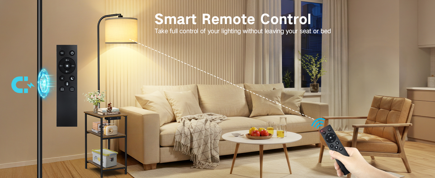 Стійка лампа для вітальні з поличкою та столом, регульована LED лампа з пультом, 3 колірні температури, приліжний столик з функцією зарядки та полицею, дерев'яний столик для спальні, офісу, коричневий в стилі рустік