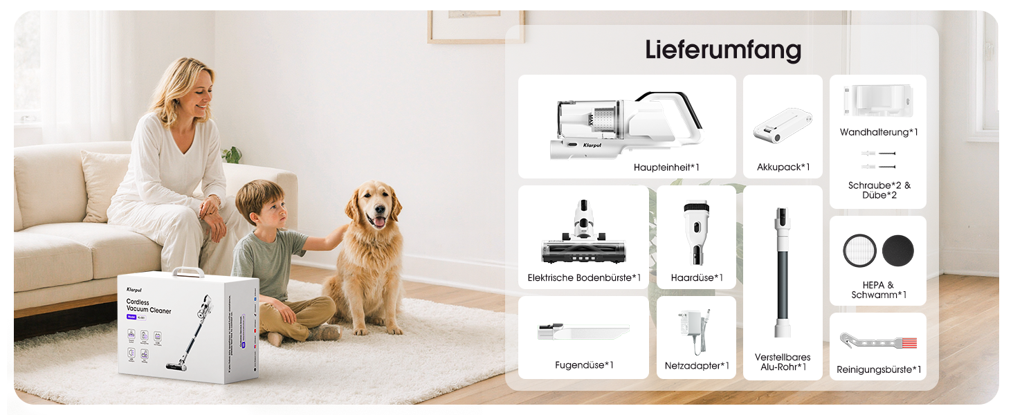 Бездротовий пилосос Klarpul 4800Pa з LED-дисплеєм та антизаплутувальною насадкою, 65 хвилин роботи, швидка зарядка 2 години, для твердих поверхонь та килимів, срібний