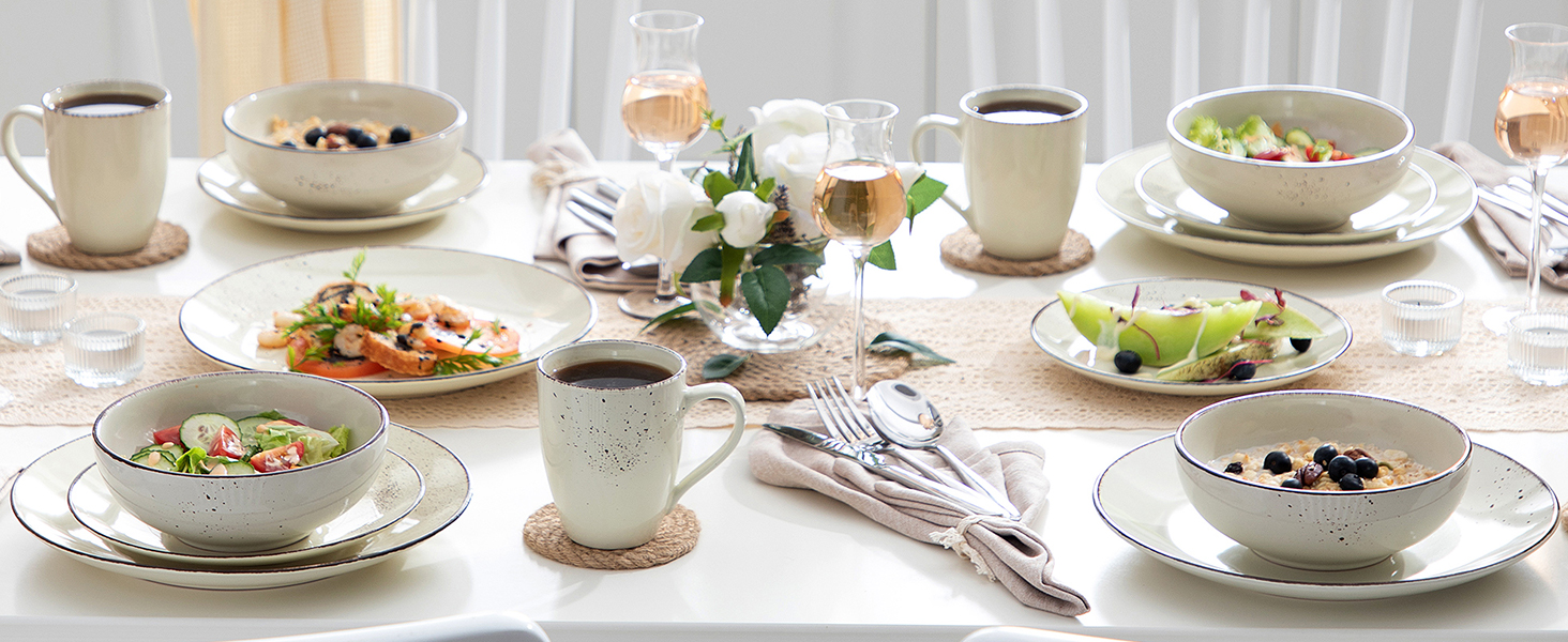 Набір посуду Vancasso NAVIA, 16 предметів, кераміка, для 4 осіб, розпис, тарілки, салатники, миски, кремовий