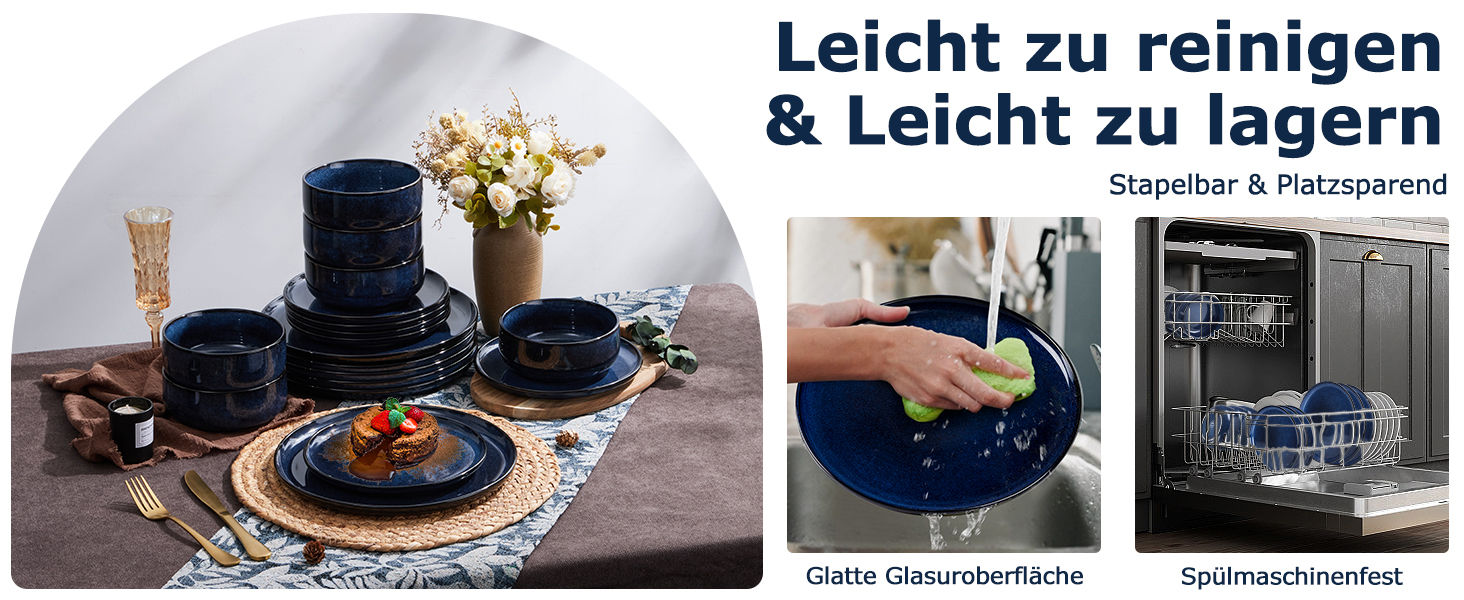 Набір посуду Onader на 6 осіб (18 предметів) - Тарілки, миски, десертні тарілки, кераміка, блакитний, для миття в посудомийній машині