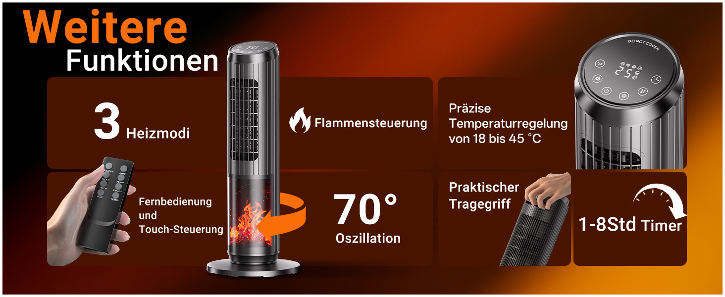 Електричний обігрівач керамічний 2000W з термостатом, дистанційним керуванням, ефектом каміну, осциляцією 70°, ECO-режим, таймером 1-8 год, захистом від перегріву та перекидання, тихий, для офісу та вітальні