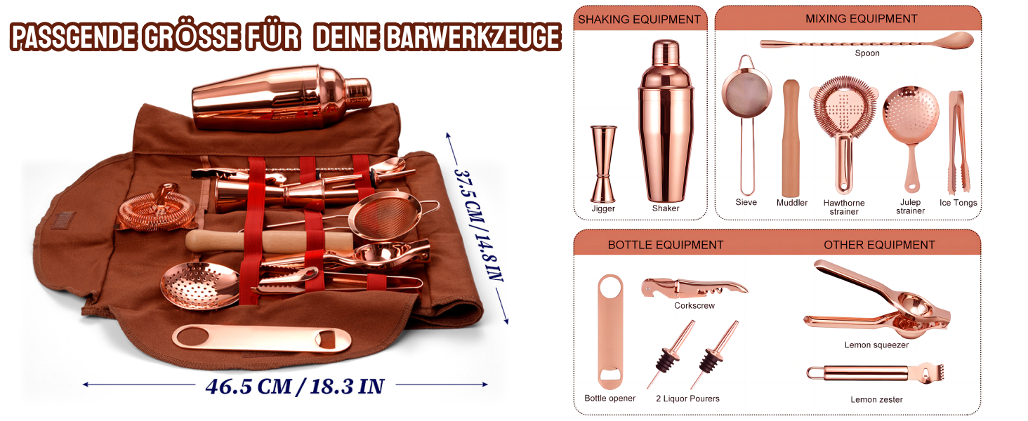 Travel Bartender Kit Bag, 17-Piece Bar Tool Set, Professional Cocktail Bar Set, Portable Waxed Canvas Bar Kit Bag with Shoulder Strap for Bartenders, Parties, Camping Trips