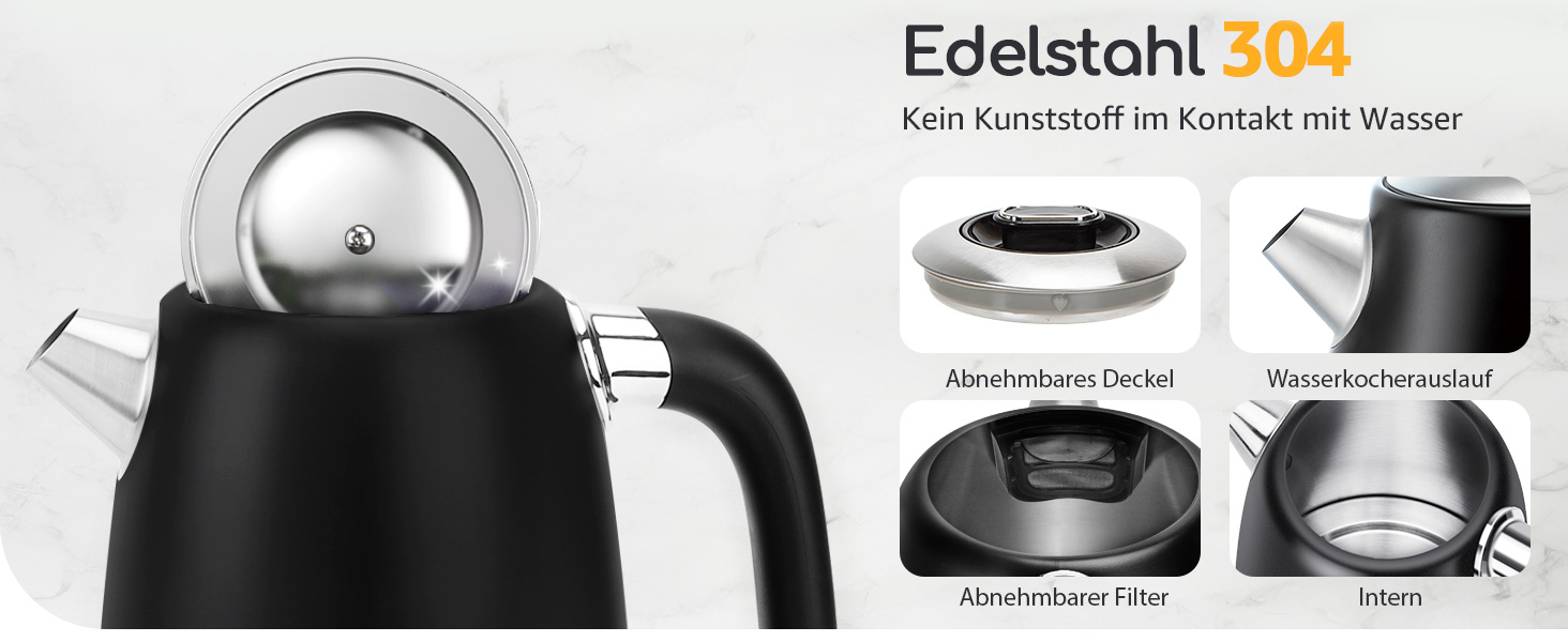 Електричний чайник Aigostar з регулюванням температури 1,7 л, ретро-дизайн, чорний матовий, цифровий дисплей, функція підтримання тепла, без пластику всередині, BPA-free