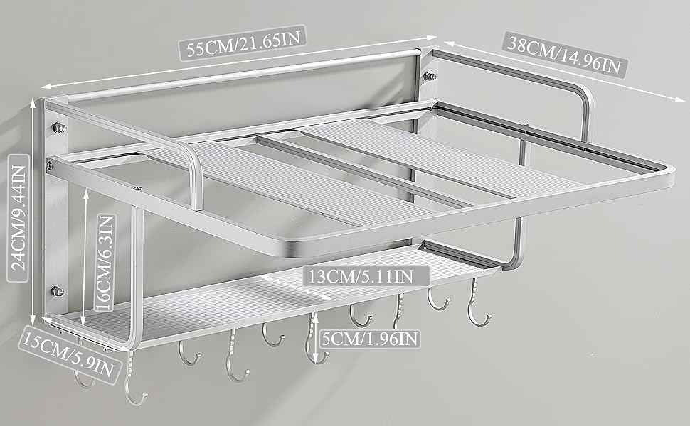 K-101 2-Layer Silver Aluminum Alloy Microwave Rack Oven Stand Kitchen Shelf Holder Wall Mount, Hanging with 10 Hooks