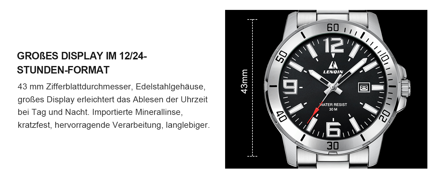 Годинник чоловічий LN LENQIN з нержавіючої сталі, водонепроникний, з датою, кварцовий, аналоговий, бізнес-стиль (сріблястий, чорний)