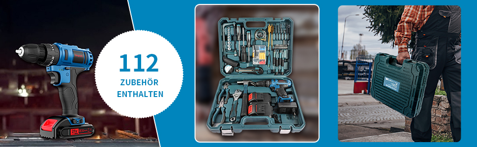 Акумуляторний шурупокрут Bogseth 21V з набором інструментів 112 шт. для дому та саду