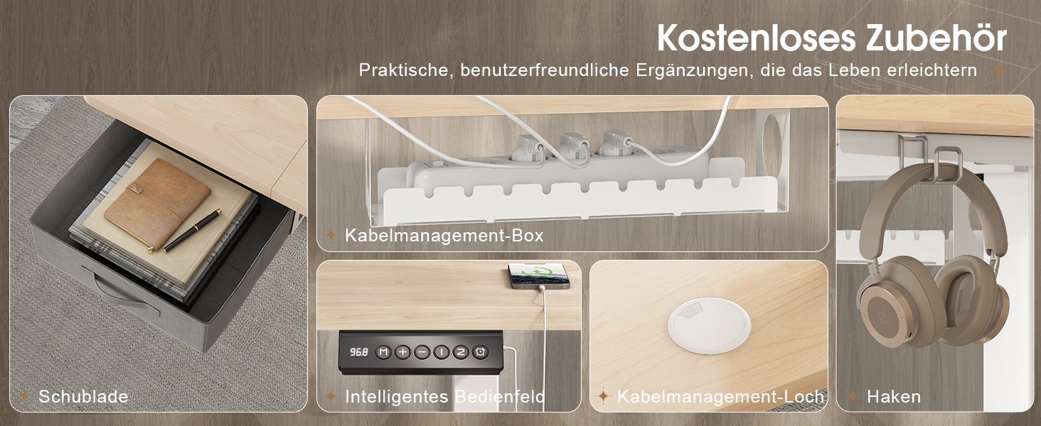 Регульований стіл Devoko 160x80 см з ящиками, USB-порт, органайзер для кабелів, стіл для комп'ютера з 3 функціями пам'яті, білий