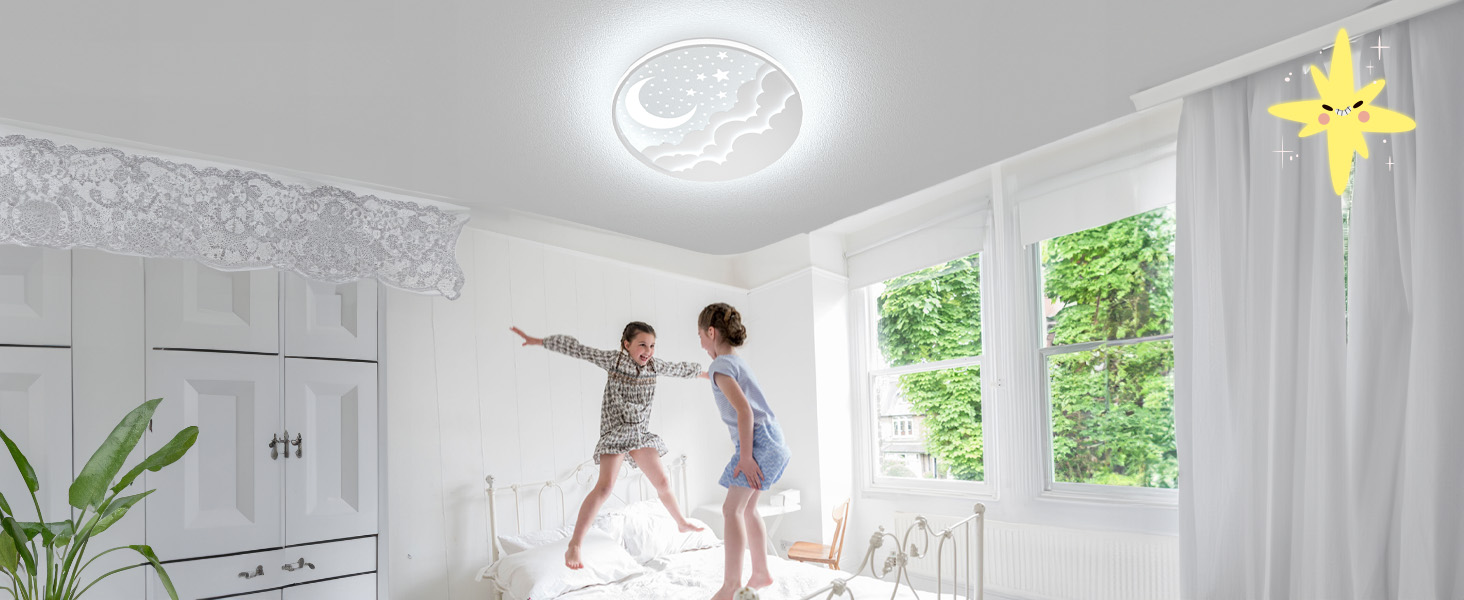 Дитяча LED стельова лампа Зірка і Місяць, акриловий плафон, безступеневе дімування з пультом, ультратонка 6 см, для спальні чи дитсадка, 40 Вт, 40 см, біла