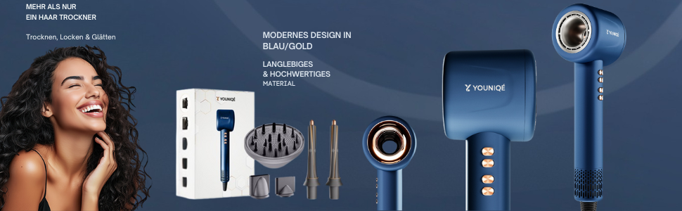 Фен YOUNIQÉ 5-в-1 з іонізацією, насадки для локонів, випрямлення, дифузор та концентратор, 1600W, LED, 4 температурні режими, магнітні насадки, ергономічний дизайн, блакитний/золотий