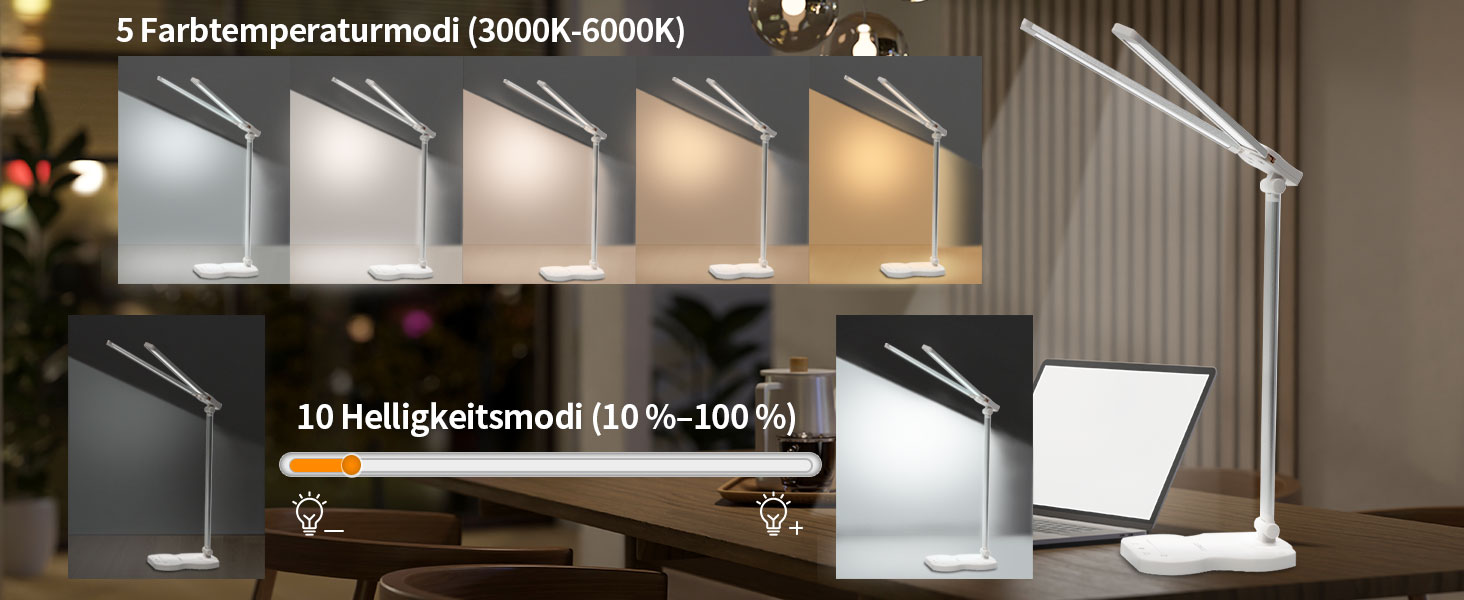 LED лампа настільна LQWELL® QM019 з диммуванням, USB-зарядкою, сенсорним керуванням та пам'яттю для дітей та офісу. 5 кольорів, 10 рівнів яскравості, металевий корпус, для захисту очей.