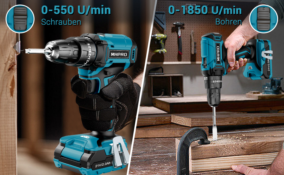 Акумуляторний шуруповерт MHPRO 21V з 2 акумуляторами 2.0Ah, 42Nm, 2 швидкості, 25+3 ступені крутного моменту, патрон 10 мм, LED-ліхтар, 14-ти елементний набір аксесуарів для дому, саду та DIY проектів (Блакитний 21V-1Akku)