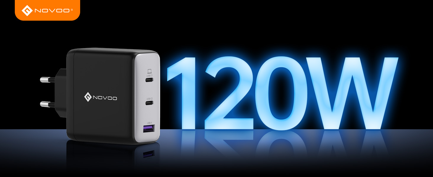 Зарядний пристрій USB-C 120W NOVOO GaN III 3 порти, кабель USB-C PD 100W, для MacBook Pro 14