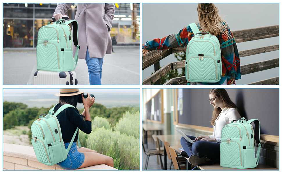 Жіночий рюкзак для школи, університету, подорожей: стильний, водонепроникний, з USB-портом, 15.6 дюймів, світло-зелений