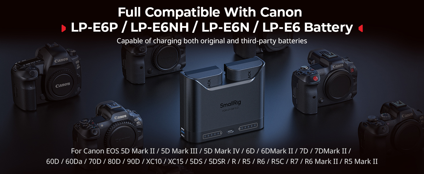 Зарядний пристрій SMALLRIG для акумуляторів Canon LP-E6P/LP-E6NH, подвійний, 22.5W USB-C, сумісний з Canon EOS R5 Mark II, R6 Mark II, R5, R6, R7, 5D Mark II та 5D Mark IV