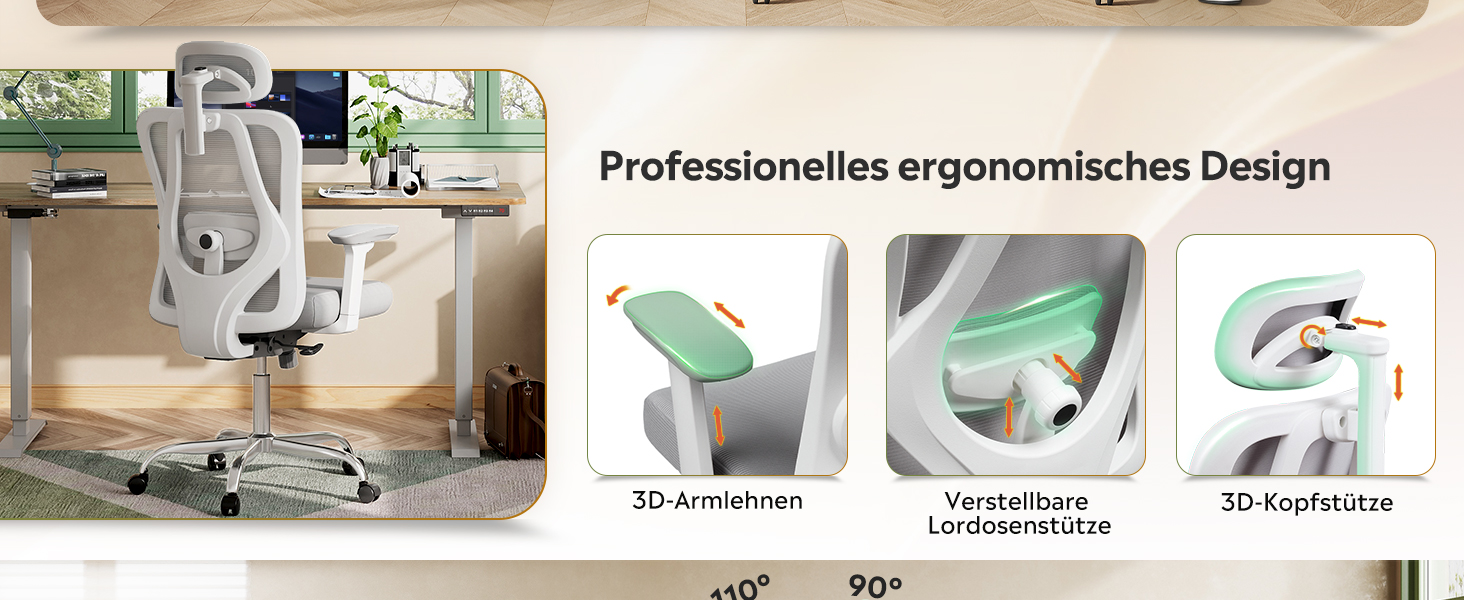 Офісне крісло Devaise: ергономічне крісло з регульованою спинкою, підголівником та поперековою підтримкою, 3D підлокітниками, 3-ступеневим нахилом та дихаючою сіткою для дому та офісу, біле