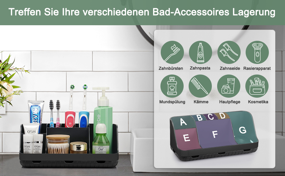 Тримач для зубних щіток у ванну кімнату: органайзер для електричної та звичайної зубної щітки, дозатор пасти, 7 відділень, білий