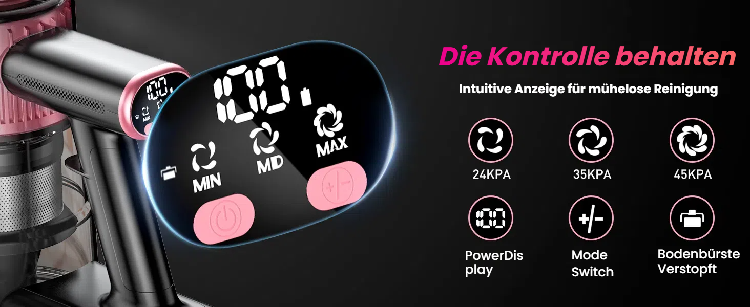 Бездротовий акумуляторний пилосос SUXIANGVAC 45000Pa/500W з LED дисплеєм та антинамотувальною насадкою, 73см подовжуваний шланг для твердих поверхонь, килимів та шерсті тварин, Рожевий