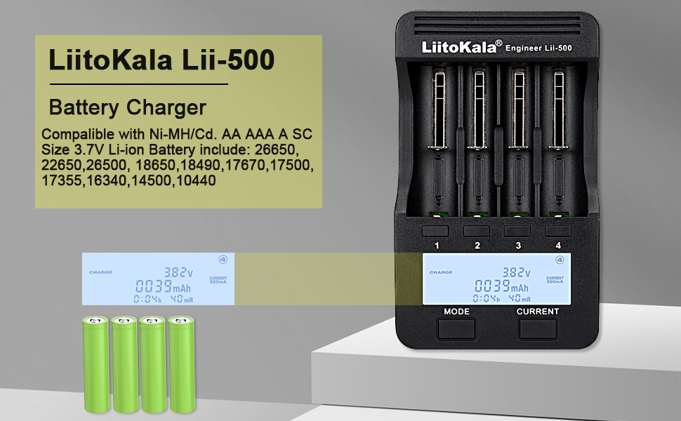 Зарядний пристрій LiitoKala Lii-500 для Li-ion, LiFePO4, Ni-MH/Cd акумуляторів 18650/21700/26650/AA/AAA/C/9V з LCD-дисплеєм