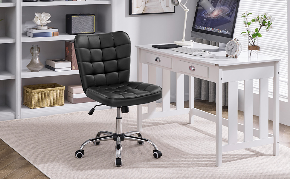 Крісло офісне Yaheetech без підлокітників, обертове, регульоване по висоті, на роликах, з штучної шкіри (чорне)