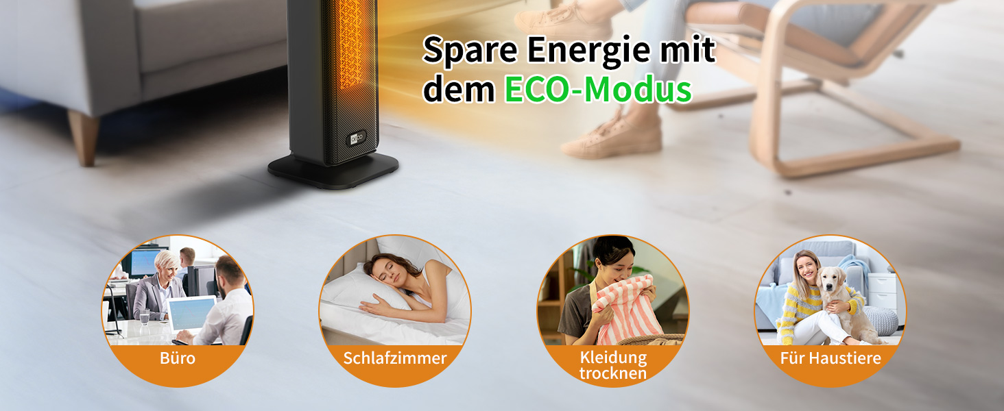 Електричний обігрівач Aeco EcoHeat Boost 58 см з пультом керування, 2000 Вт, LED ECO-режим, таймер 24 год, 4 режими, тиха кераміка, термостат, захист від перегріву та перекидання, осциляція. Smart Tower ECO