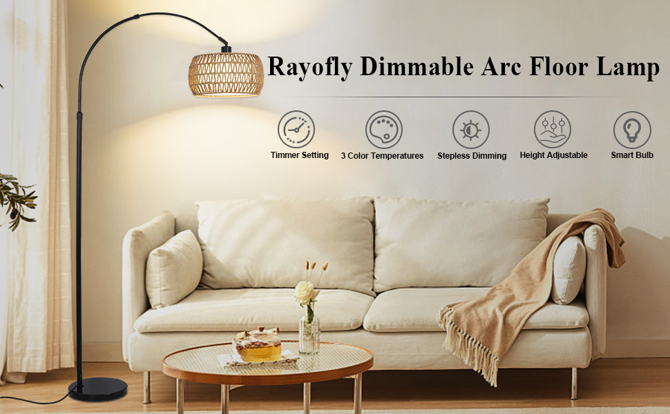 Rayofly Торшер для вітальні Bogenlampe в стилі бохо з ротанговим абажуром, диммований торшер з пультом та LED-лампочкою, управління через додаток, чорний