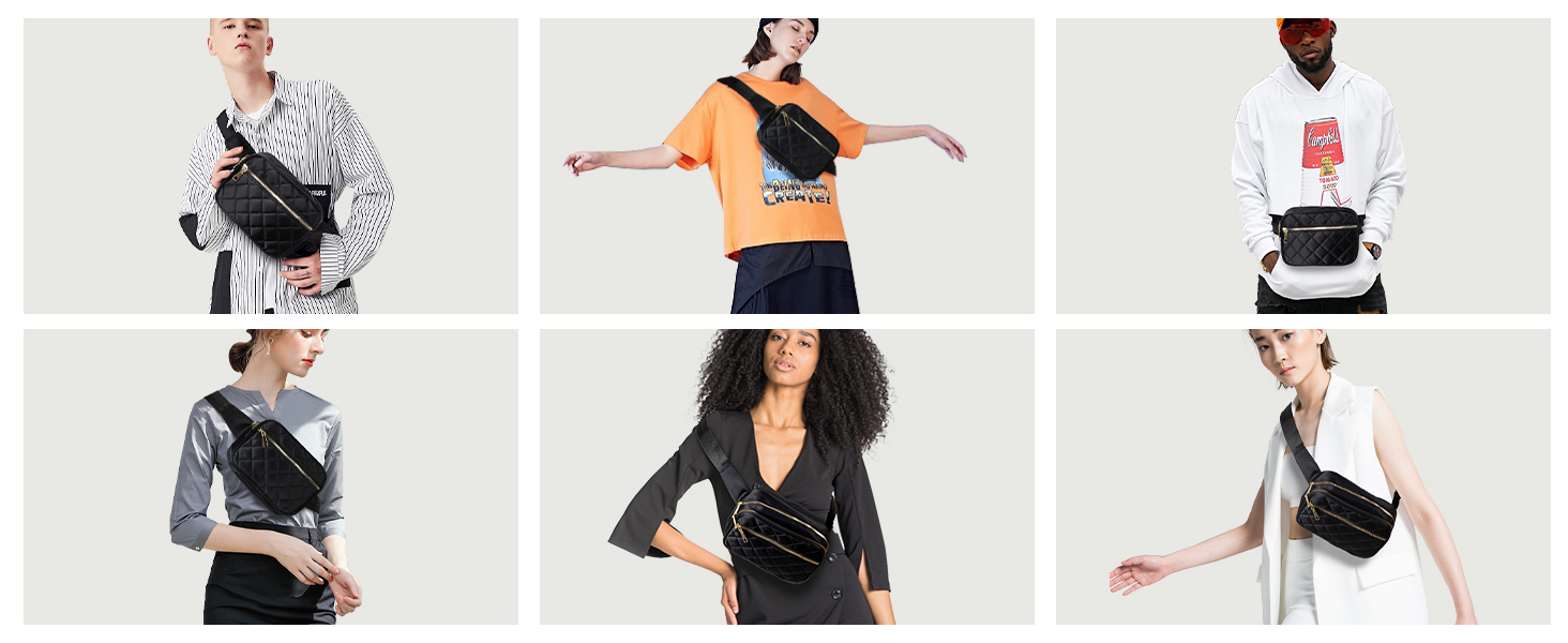 Жіноча бананка Jueachy, сумка через плече, поясна сумка, водонепроникна, чорна, ромбовий візерунок, 4 кишені на блискавці, для активного відпочинку, подорожей, фестивалів