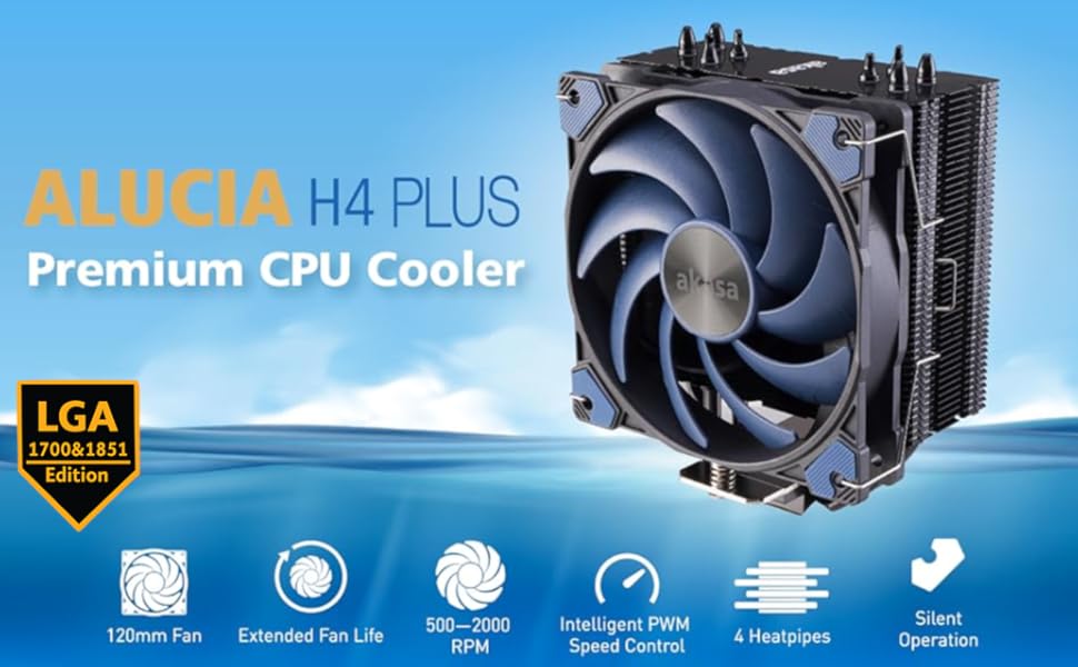 Кулер для процесора Akasa Alucia H4 Plus (LGA1700 Edition) з 120мм вентилятором, 4 теплові трубки, 185W TDP, для Intel LGA 2066, 2011, 1151, 1155, 1150, 1200, AMD AM4 AM5 Ryzen