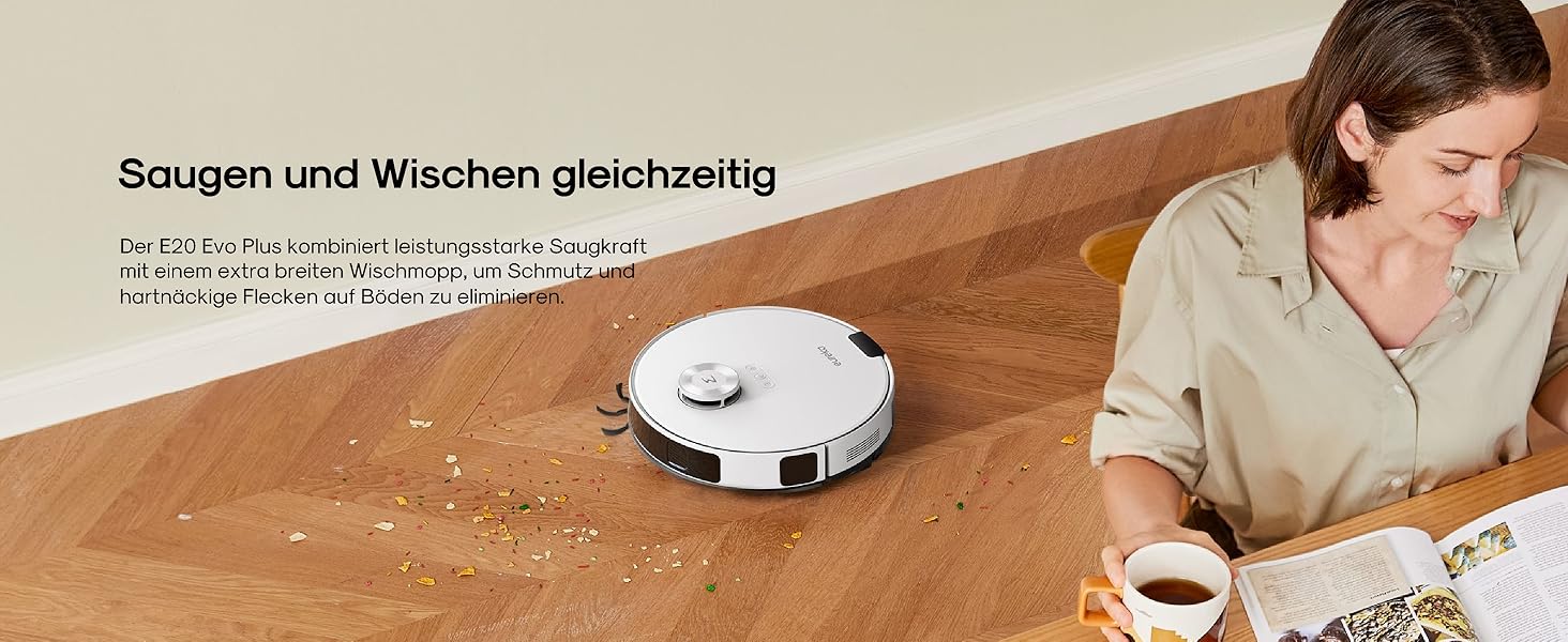 Робот-пилосос EUREKA E20 Plus з автопідняттям мопа та LiDAR-навігацією, 4000Pa, проти шерсті тварин, керування через додаток та голосовий помічник, білий