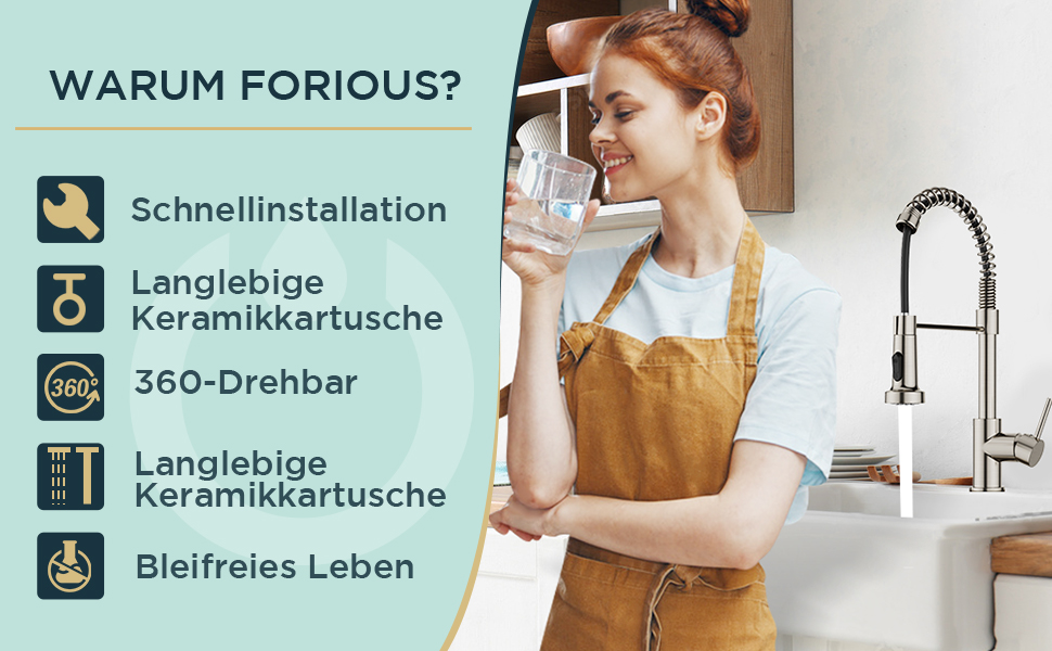 Змішувач кухонний FORIOUS висувний з душем, однорегуляторний, 360° обертання, нержавіюча сталь