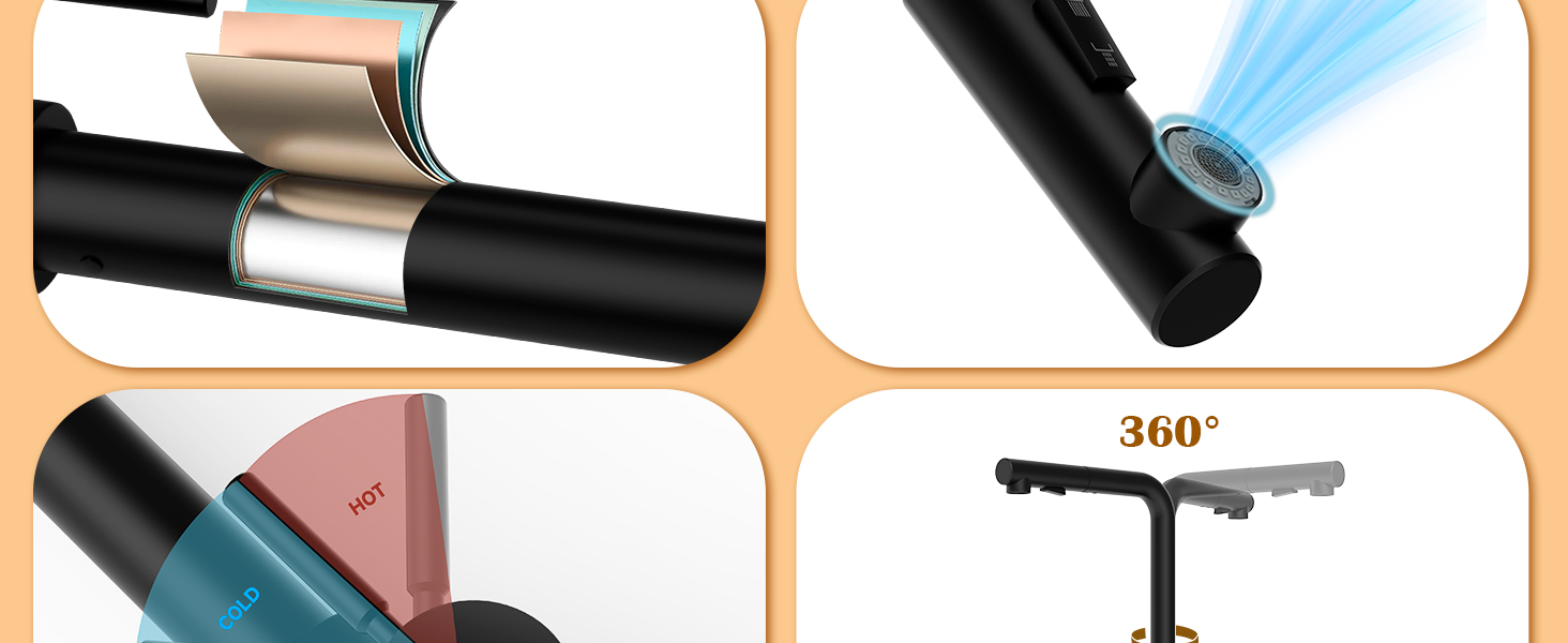 Змішувач кухонний водяний чорний, висувний з душем, 360° поворотний, 2 режими розпилення, для кухні, нержавіюча сталь