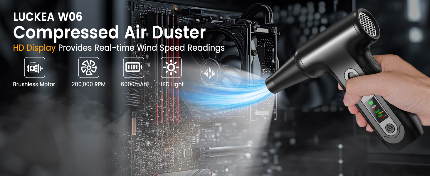 Електричний пилосос для повітря з HD-дисплеєм - Air Duster 200000 RPM з LED-підсвічуванням, міні-пилосос на акумуляторі, спрей стисненого повітря для чищення ПК, повітряний пилосос для клавіатури, дому, авто, W06 (чорний)