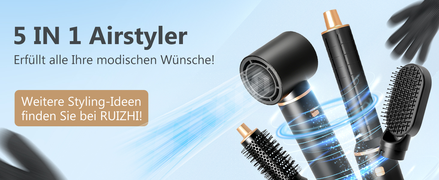 RUIZHI Airstyler 5 в 1: Фен-щітка для волосся з 5 насадками, 110000 обертів/хв, 3 температурні режими, для об'єму, локонів та випрямлення волосся