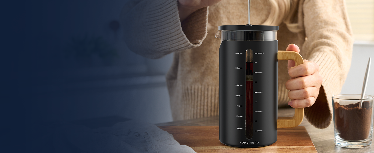 Френч-прес для кави Home Hero – 963.9 г, з бамбуковим руків'ям, скло Borosilikat, нержавіюча сталь, 4-шаровий фільтр, чорний